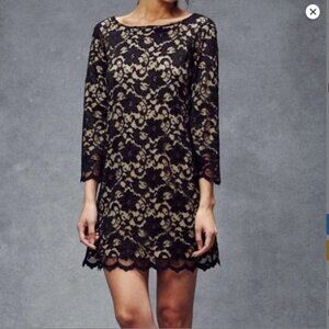 Michael Stars Black Lace Nude Lined 3/4 Length Scalloped Sleeve Dress Size M